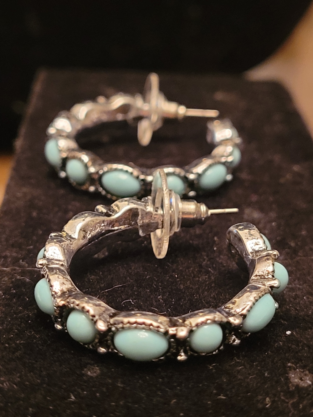 Silver Hoop Earrings with Aqua Turquoise Stones